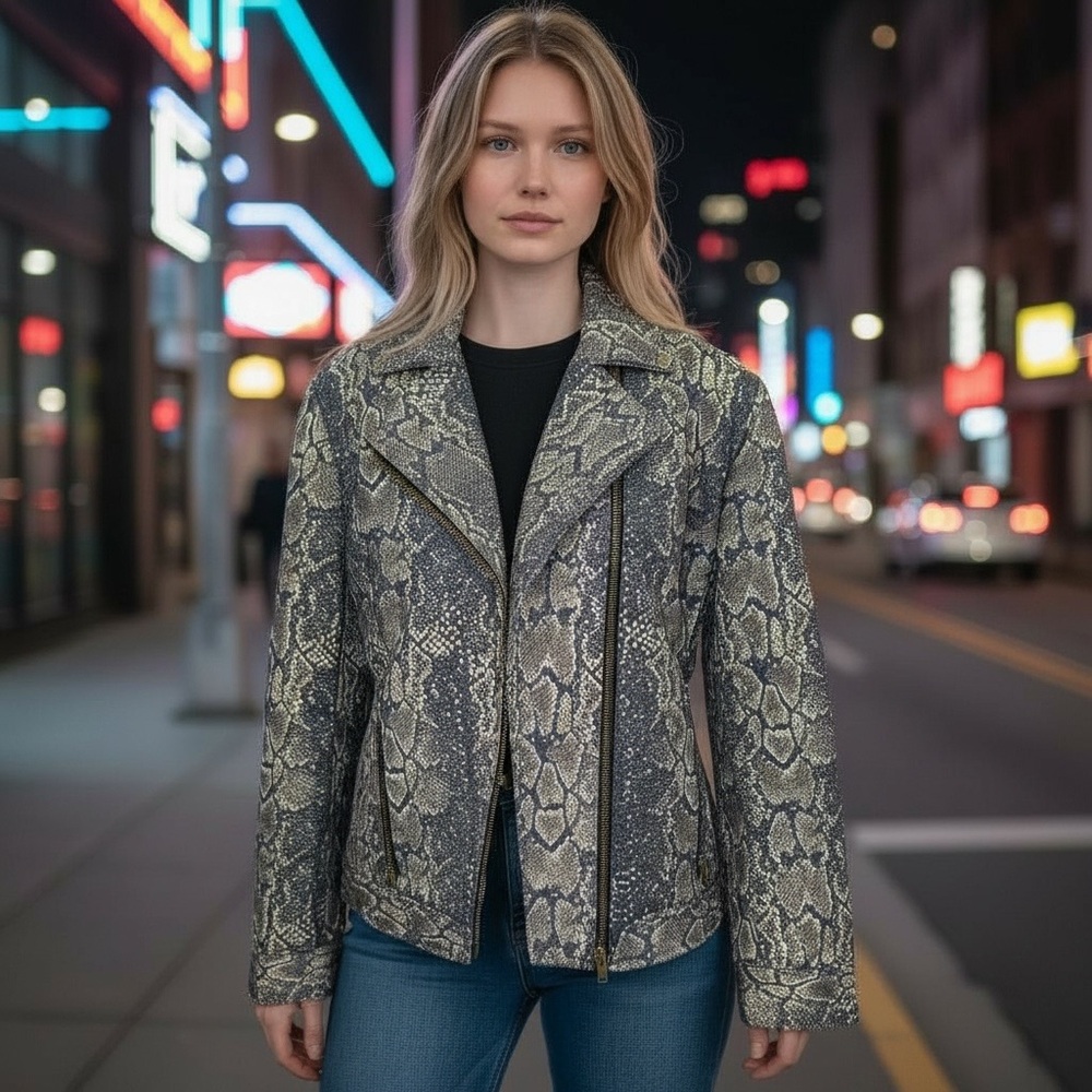 Chicos Snakeskin Metallic Print Asymmetric Zip Moto Jacket